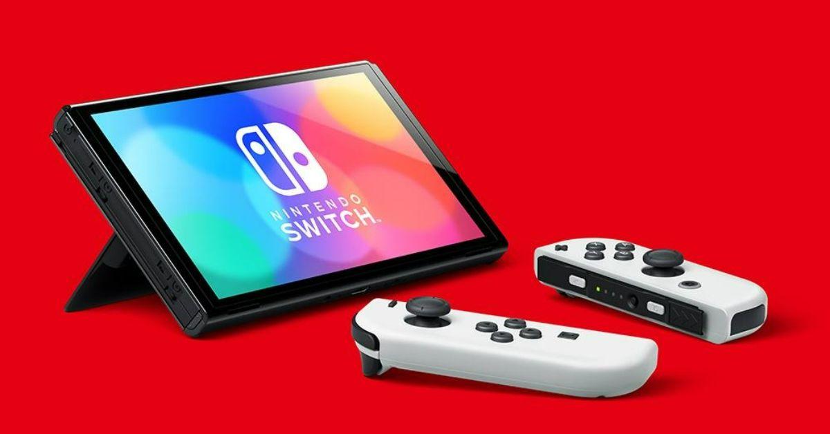 Ein Nintendo Switch auf rotem Hintergrund.