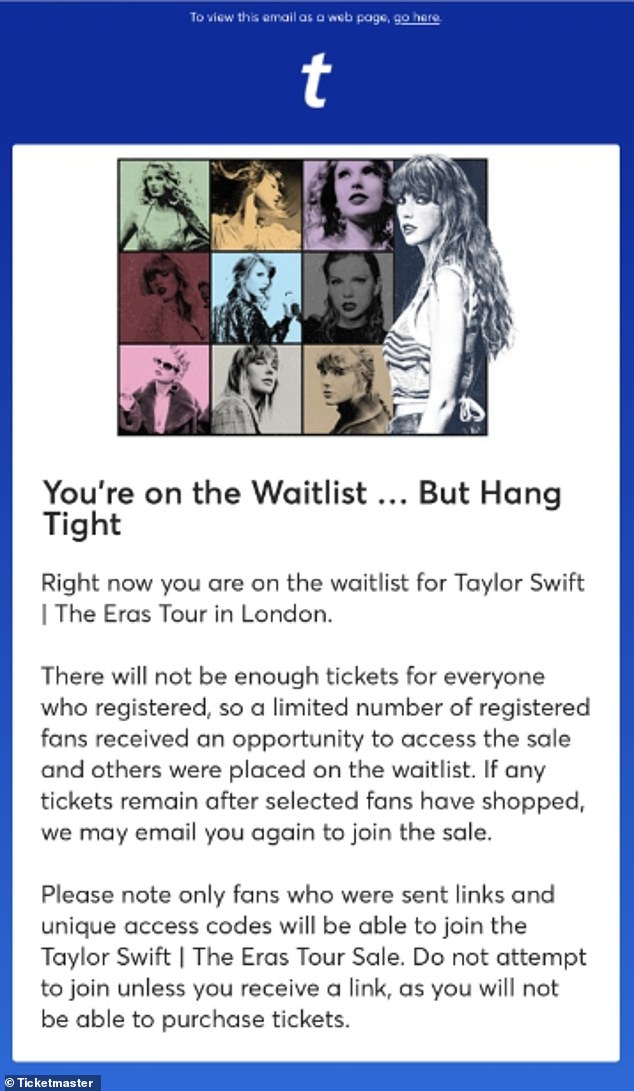 Pictured: fans who have been put on the waitlist for the Eras Tour tickets received this email last week
