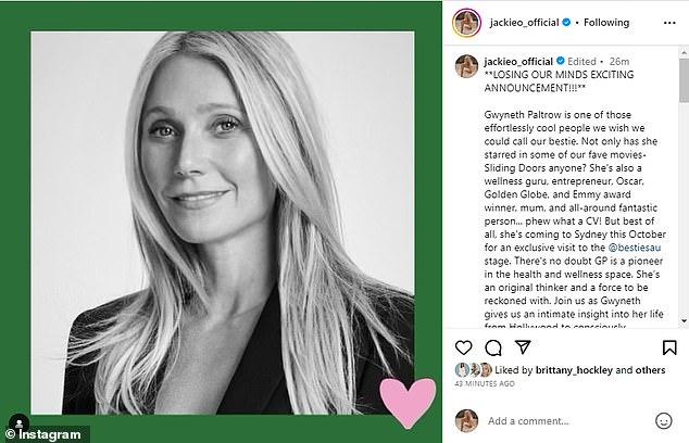 In einem etwa zur gleichen Zeit verfassten Beitrag auf Hendersons offiziellem Instagram-Account schrieb Jackie, dass der Oscar-Preisträger „diesen Oktober nach Sydney kommt“.