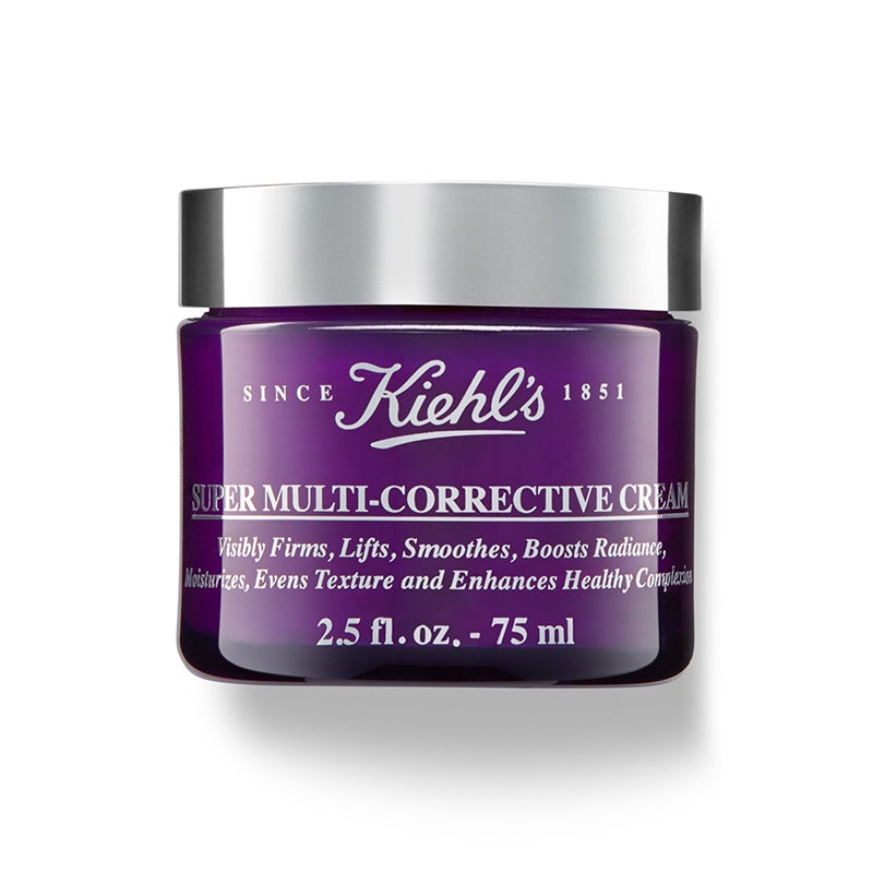 Ein violettes Glas mit grauem Deckel der Kiehl's Super Multi-Corrective Face & Neck Cream auf weißem Hintergrund
