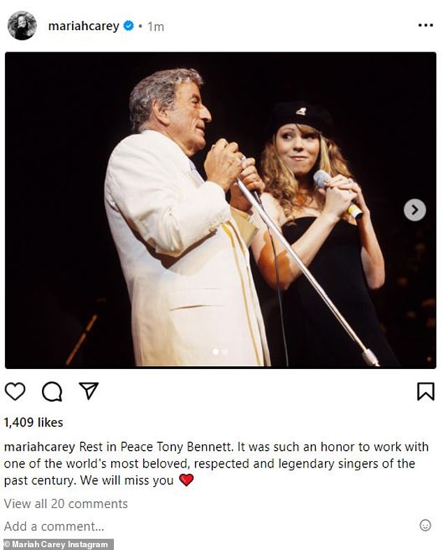 Emotional: Mariah Carey also shared images from her performances with Tony, writing: 'It was such an honor to work with one of the world's most beloved, respected and legendary singers of the past century'