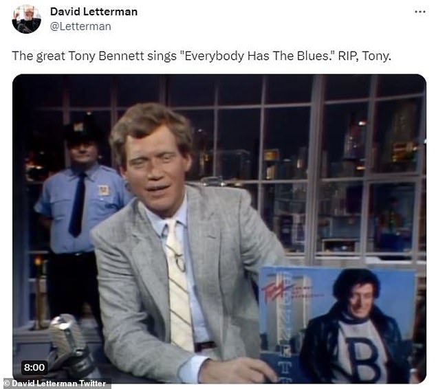 On air: Television host David Letterman shared a snap from the time Tony appeared on David's show to perform his song Everybody Has The Blues