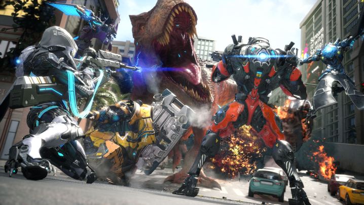 Eine Gruppe von Spielern kämpft in Exoprimal gegen einen T-Rex.