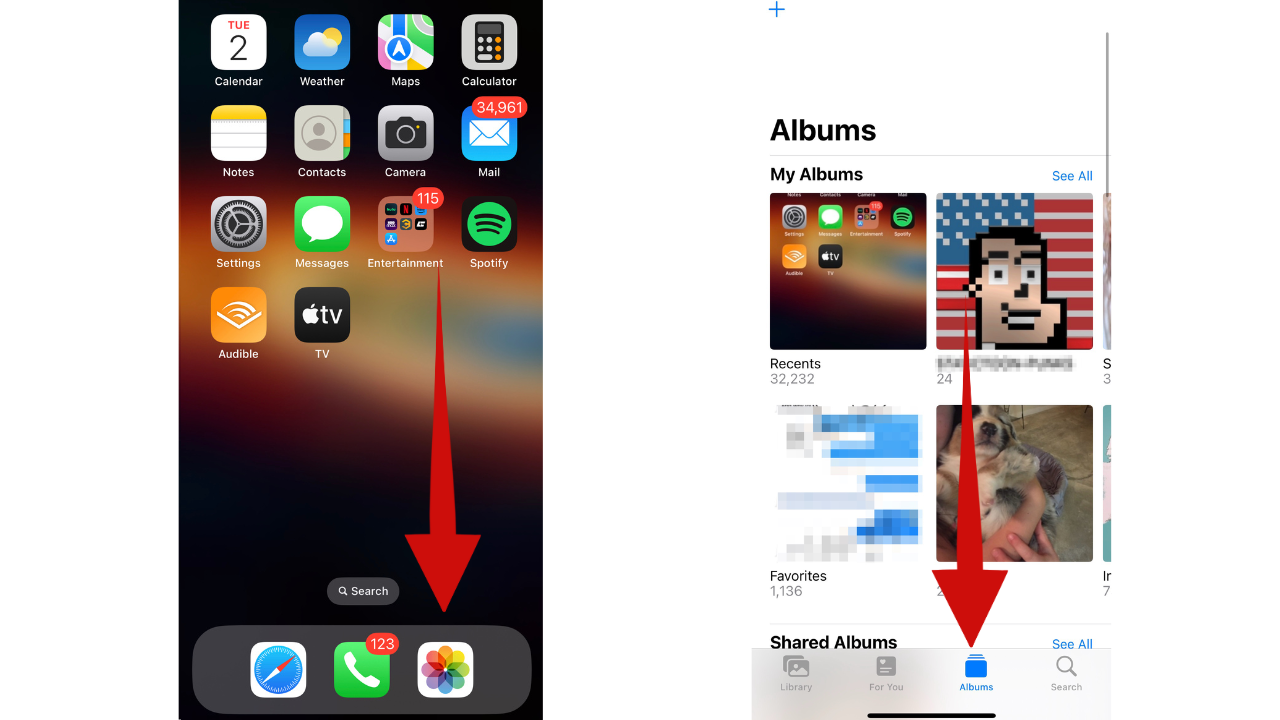 Red arrow pointing to photos app to free up space on iPhone