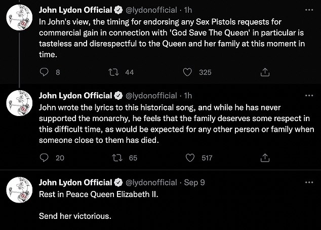In einer Reihe von Tweets behauptete er, Sex Pistols hätten „eine Reihe von Anträgen“ gegen seinen Willen genehmigt, da er der Band vorwarf, sie versuche, aus dem Tod Ihrer Majestät „Kapital zu schlagen“.