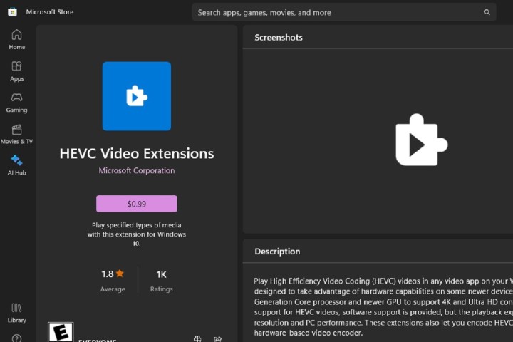 Auflistung der HEVC Video Extensions-App im Microsoft Store.