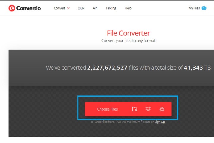 Wählen Sie „Dateien auswählen“ auf der Convertio-Website aus.