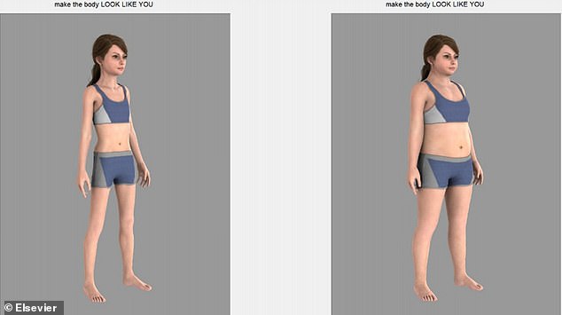 Before and after play sessions, girls recorded perceived actual body size ('What looks most like you?), ideal body size ('How would you most like to look?') and ideal adult body size ('Can you make the woman look as attractive and beautiful as possible?') using computer software. Above, the body size perception task with the image at the thinnest and largest extremes
