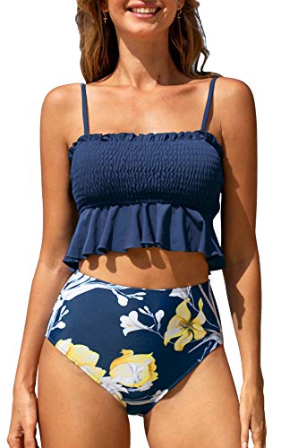 CUPSHE Damen-Bikini-Badeanzug mit hoher Taille, Blumendruck, Rüschen, zweiteiliger Badeanzug, M Marineblau