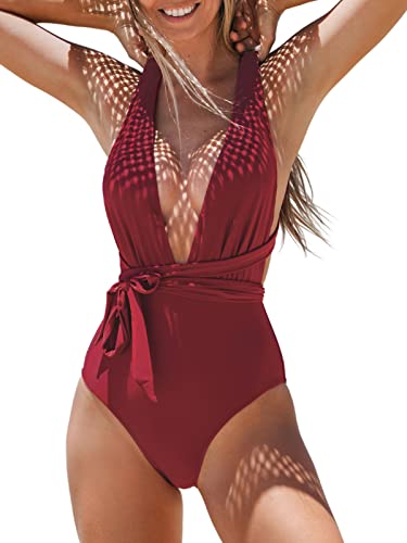 CUPSHE Damen-Badeanzug, sexy, tiefer V-Ausschnitt, überkreuzter Rücken, selbstbindend, M Rot