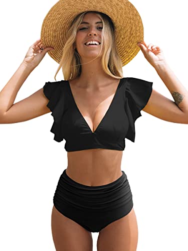 SPORLIKE Damen-Badeanzug mit Rüschen, hoher Taille, zweiteilig, Push-up, schwarzer Bikini (schwarz, groß)