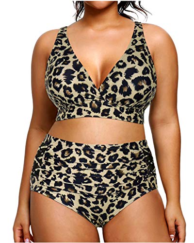 Yonique Damen-Bikini in Übergröße, Badeanzüge mit hoher Taille, zweiteilige Badeanzüge, Badebekleidung mit Bauchkontrolle, Leopard, 14Plus