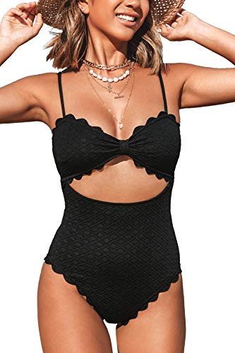 CUPSHE Damen-Badeanzug, sexy, schwarzer Ausschnitt, Muschelbesatz, L