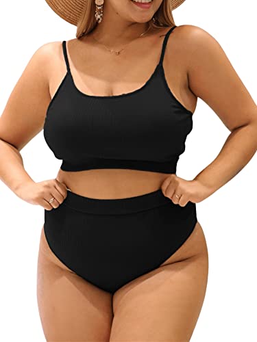 Romwe Damen Plus 2-teiliges geripptes Bikini-Set mit hoher Taille, Basic-Badeanzüge, solide Badeanzüge, Bademode, Schwarz, 0XL