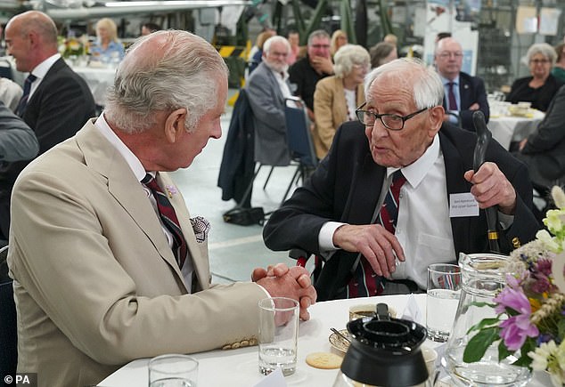 Charles pictured chatting with a veteran as he enjoyed an afternoon tea in Lincolnshire earlier today