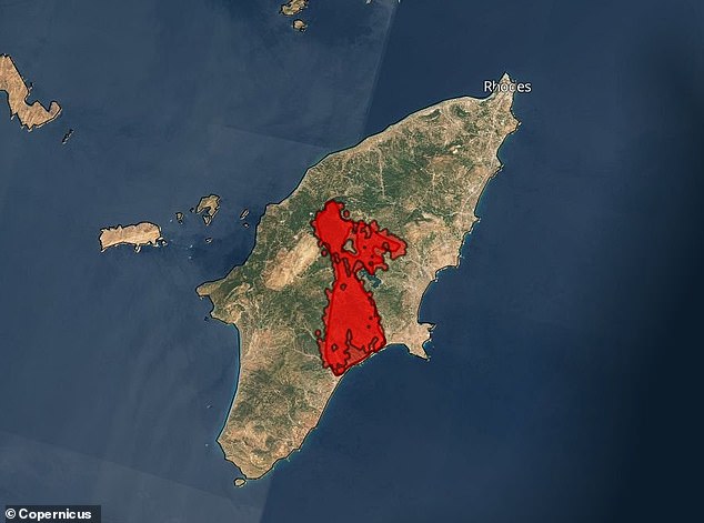 Scorched: This satellite image shows the area of Greek island Rhodes that has been burnt