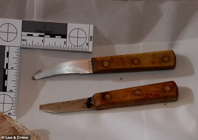 Photos of knives found at the scene were shown to the jury in court on Monday