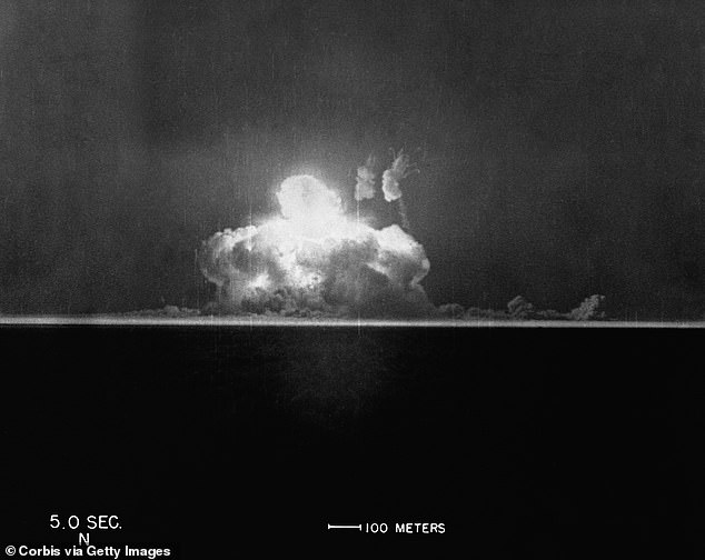 A photo taken five seconds after Gadget's detonation at 5:29am on July 16th shows the tremendous fireball erupting in the early morning sky in New Mexico