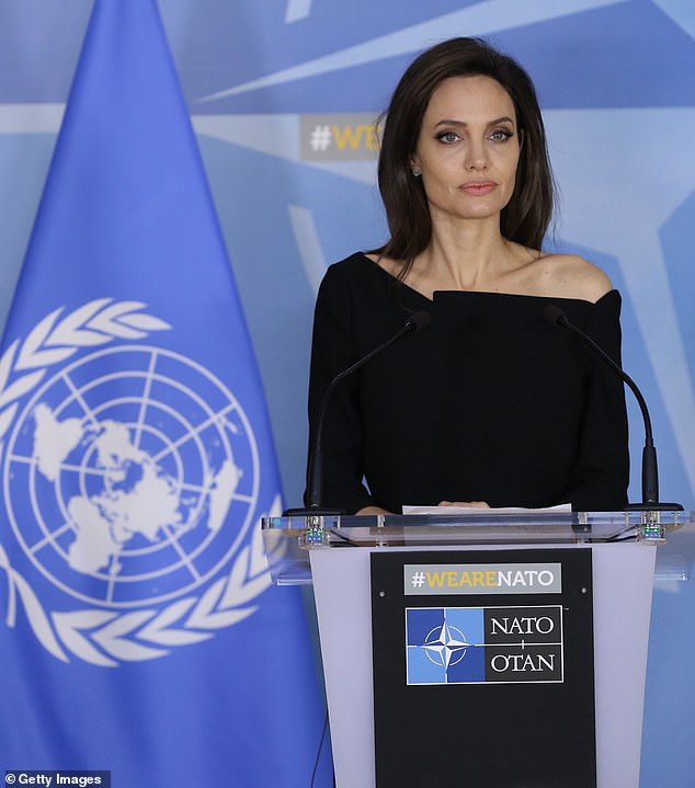 Humanitarian work: Jolie is shown in January 2018 in Belgium holding a press conference as part of her work with the United Nations High Commissioner for Refugees