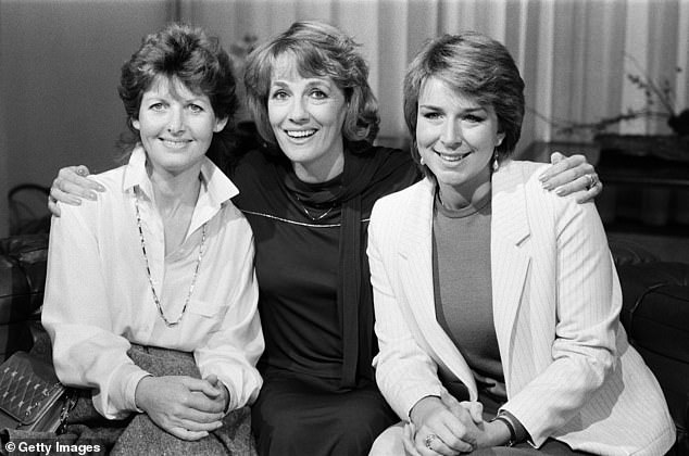 Dame Esther (centre) said she finds herself 'occasionally wondering' if her cancer was caused by 'all the asbestos in the BBC building I worked in for decades'. She is pictured in Lime Grove studios in 1983 alongside Audrey Eyton (left) and Fern Britton (right)