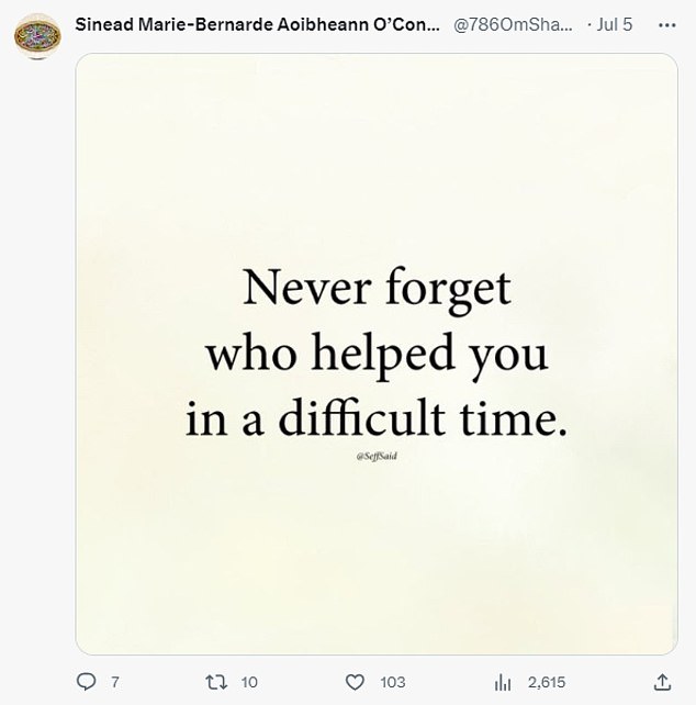 She appeared to be quite active on her new account, @7860mShahid, writing several tweets about the healing process. Her first post on the account read: 'Never forget who helped you in a difficult time'