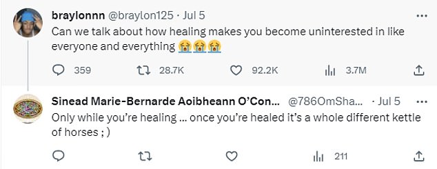 She also responded to a user who asked: 'Can we talk about how healing makes you become uninterested in like everyone and everything'