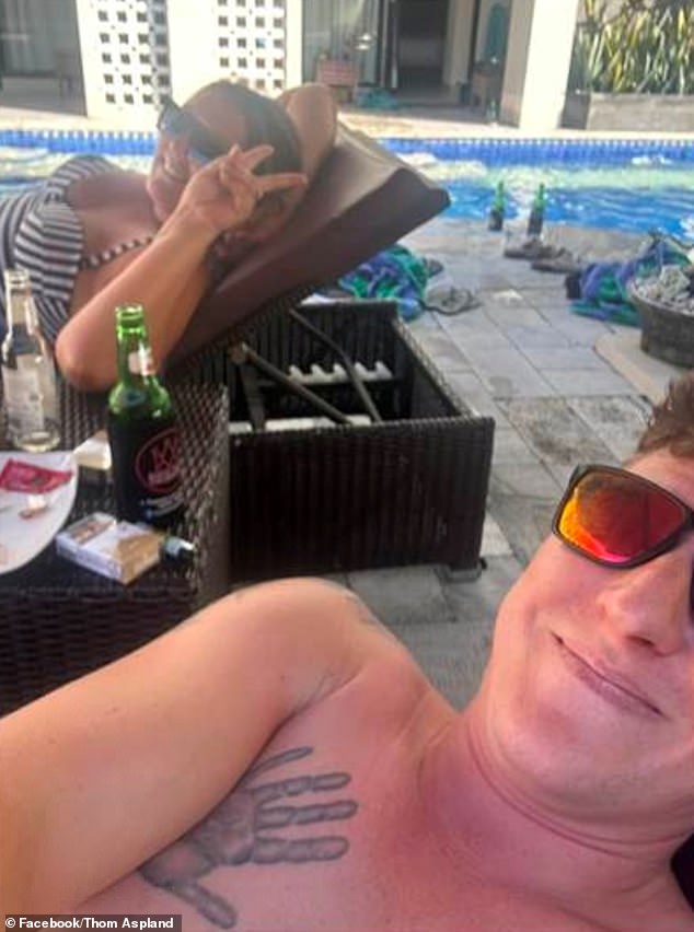 Thom Aspland's 'victory' post on Facebook saw him pictured with his wife Lisa. 'Free all morning,' he declared, with reference to the empty poolside chairs