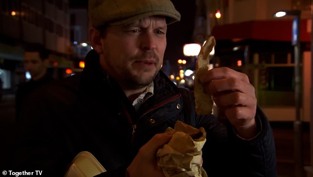 Presenter Jimmy Doherty inspects a freshly ordered kebab, cynical as to what lies behind the minced meat which is formed into an inverted cone shape