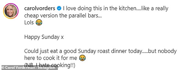 Creative: Captioning the clip, she wrote: 'I love doing this in the kitchen....like a really cheap version [of] the parallel bars... Lols'