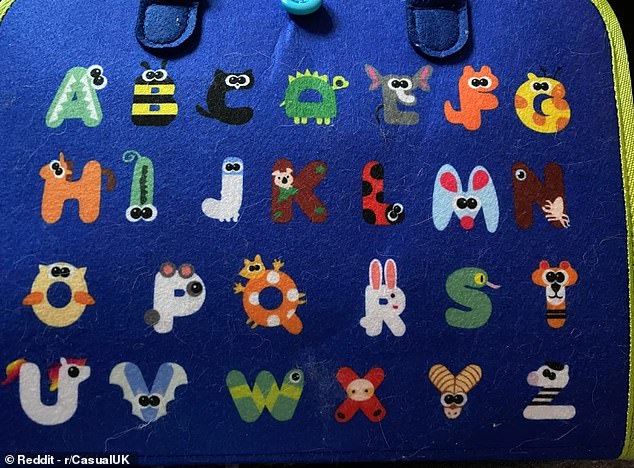The book bag, which has been designed for young children to learn the alphabet from, has perplexed adult Reddit users who attempt to solve the mysterious designs