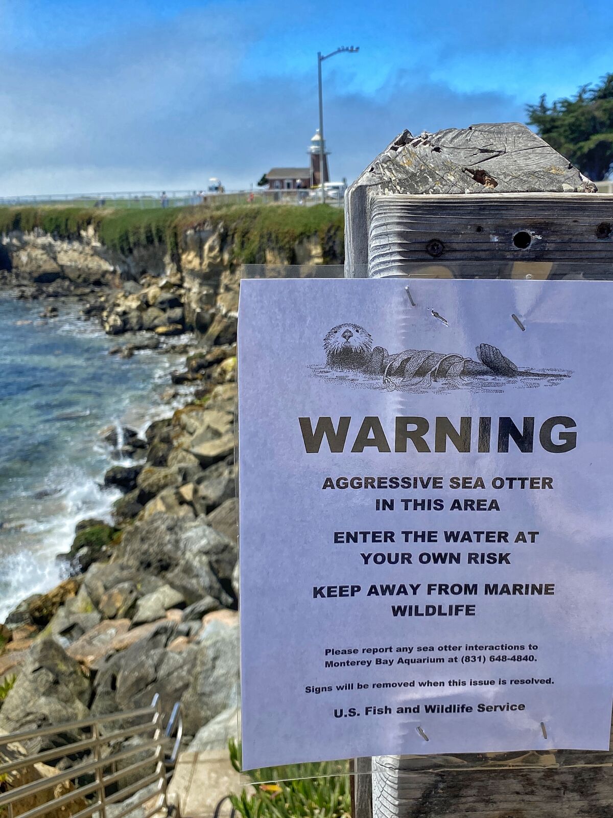 Ein Schild an einem Ufer warnt vor einem aggressiven Seeotter. "Betreten auf eigene Gefahr," es sagt.