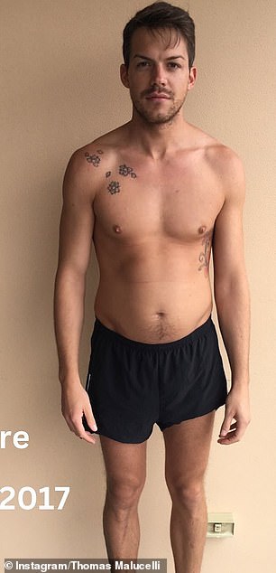 Der Bachelors-Star Thomas Malucelli, 36, enthüllte am Dienstag über Instagram seine unglaubliche fünfjährige Körperverwandlung.  Er ist im Jahr 2017 abgebildet