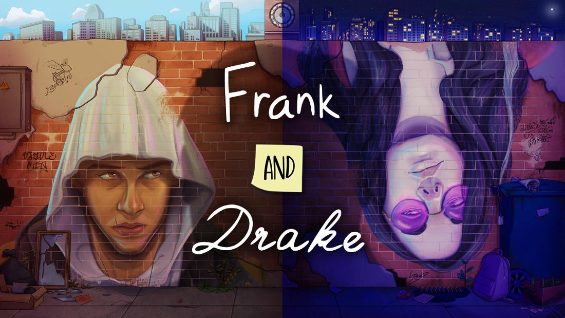 „Frank und Drake“-Schlüsselbild, das die Hauptfiguren auf einer gemauerten Wand zeigt.