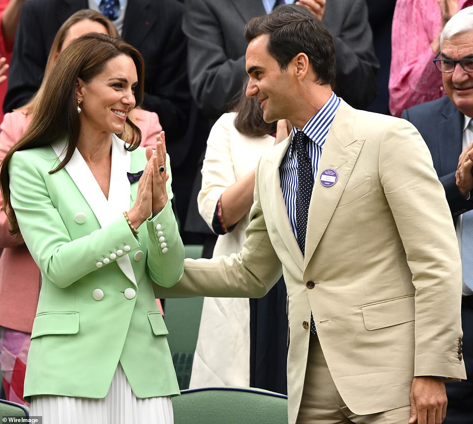 Kate Middleton, 41, put on a friendly display as she greeted close pal Roger Federer as he was honoured with a special ceremony at Wimbledon today.