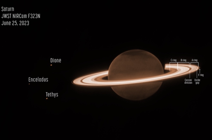 Saturn und drei seiner Monde, aufgenommen vom James Webb-Weltraumteleskop