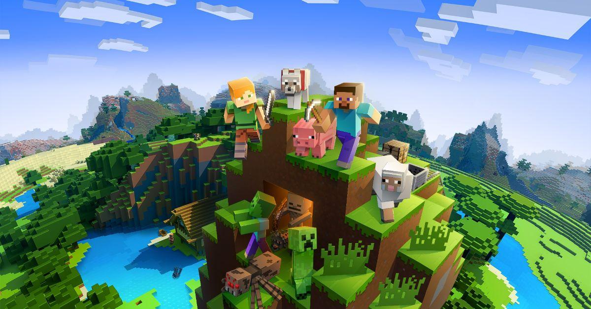 Minecraft-Charaktere sitzen auf einem blockigen Berg.
