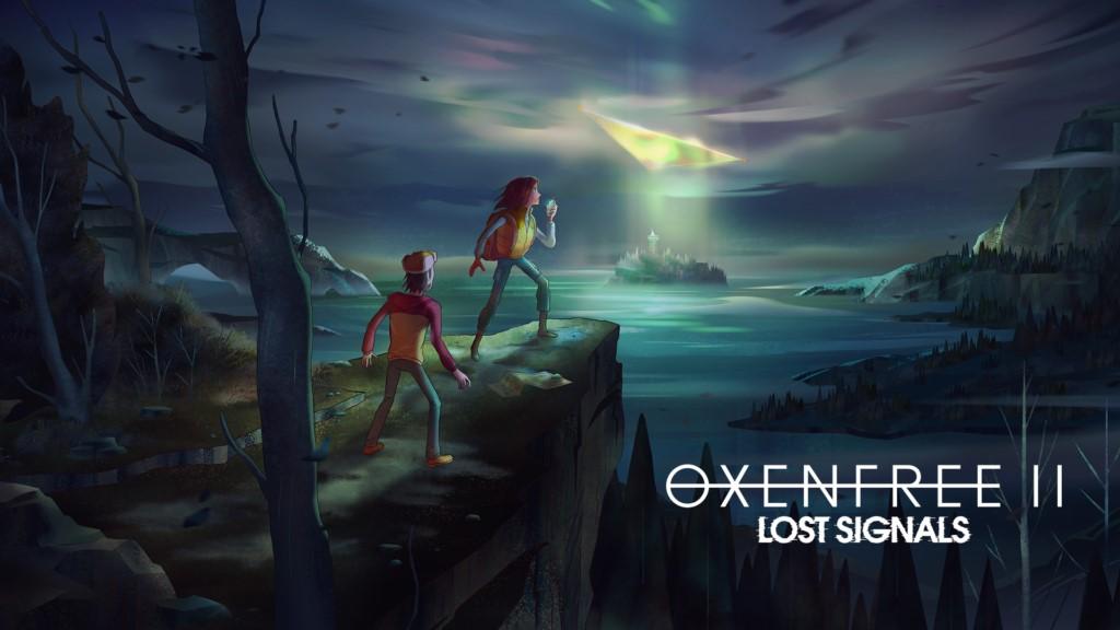 Das Schlüsselbild von „Oxenfree II: Lost Signals“ zeigt Riley und Jacob auf einer Klippe. 