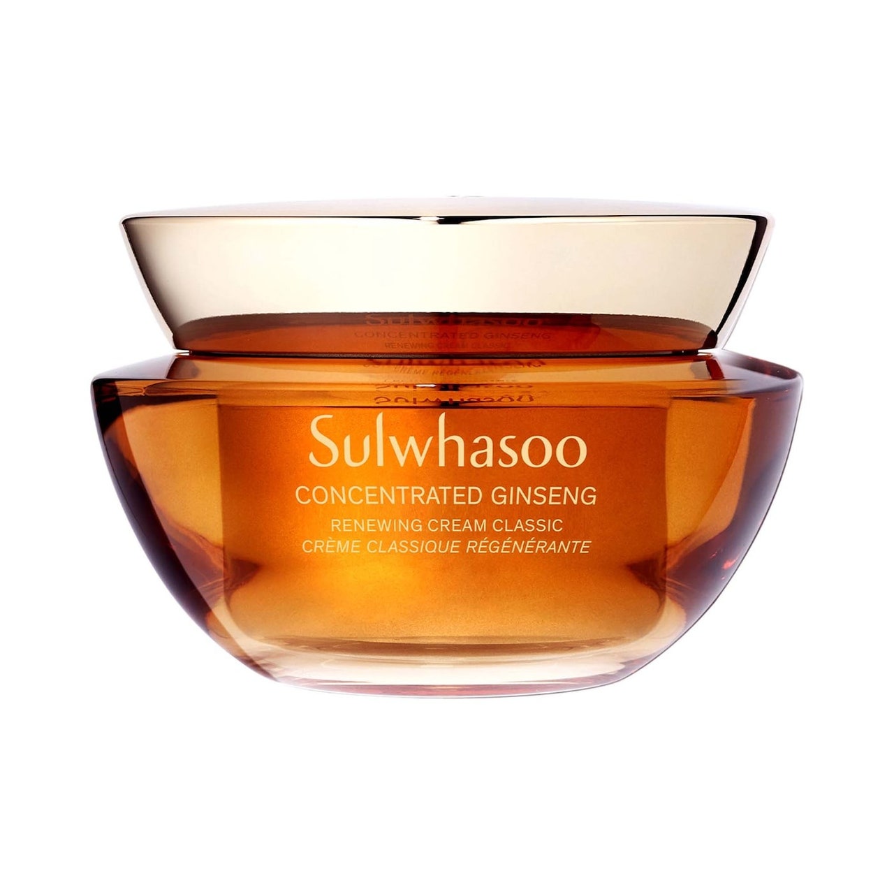 Sulwhasoo Concentrated Ginseng Renewing Cream transparent orange jar with gold lid on white background