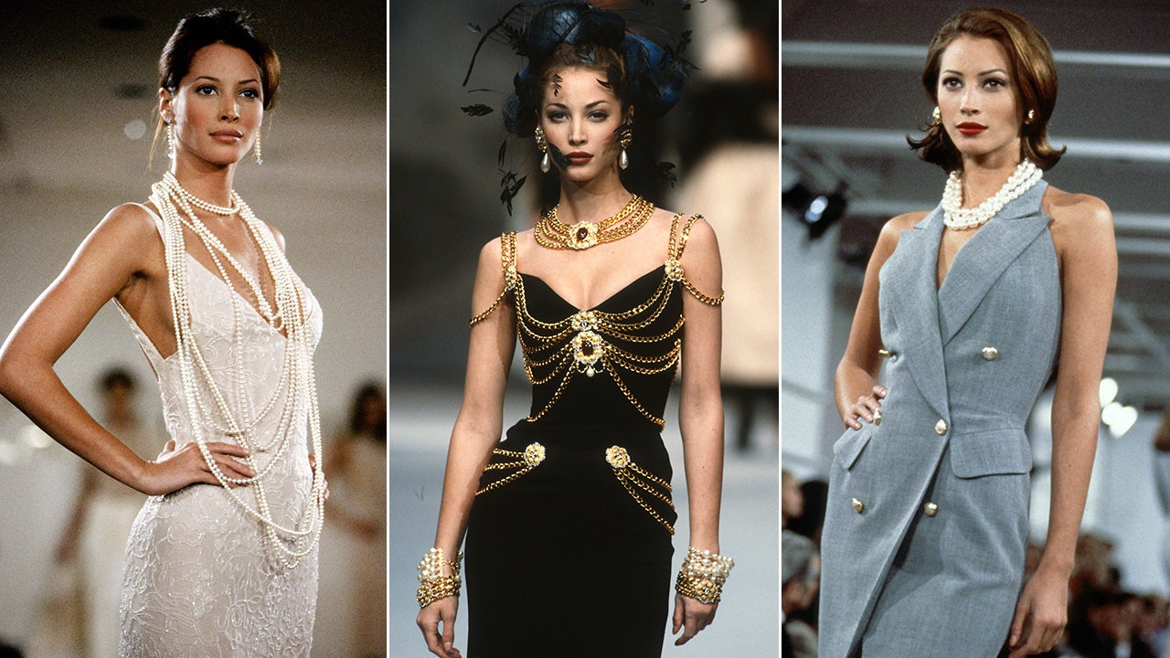 Christy Turlington in a white dress with pearls, Christy Turlington in a black dress with chains and a headpiece and Christy Turlington in a denim dress all on the ruwnay