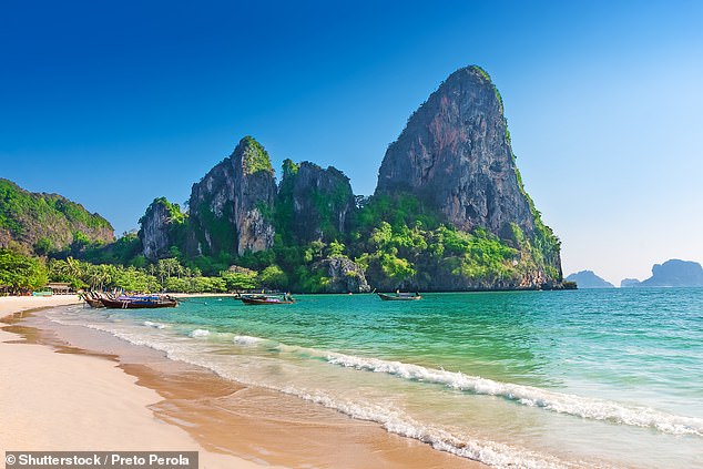 31. RAILAY BEACH, THAILAND: Big 7 Travel says: ‘Combine a world-class rock-climbing destination with soft white sands, emerald waters, and enormous limestone cliffs, and you have Railay Beach.’ It adds: 'Despite being busy, it’s still incredibly beautiful'