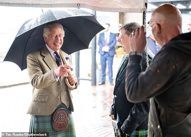 King Charles shared a laugh with members of staff as he arrived at the distillery in Scotland today