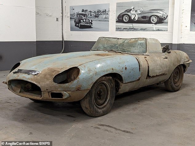 This 1969 Jaguar E-Type 4.2 Roadster SII. Seven British classic cars have been found stacked up in a small barn