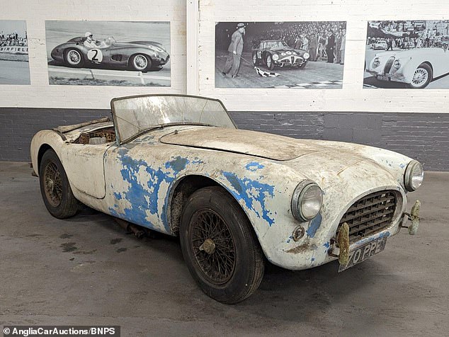 A 1957 AC Ace Bristol is one of three that were found piled up three-high in the barn