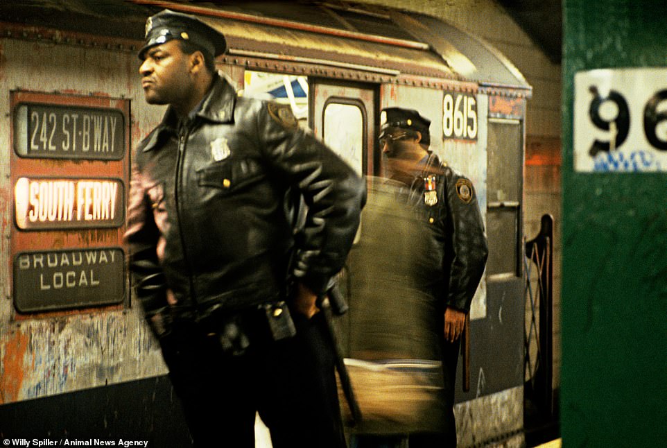 On the Beat, Police Control, 72nd Street Station West Side IRT Line, 1977. A police officer looks out over the platform beside a grimy subway train