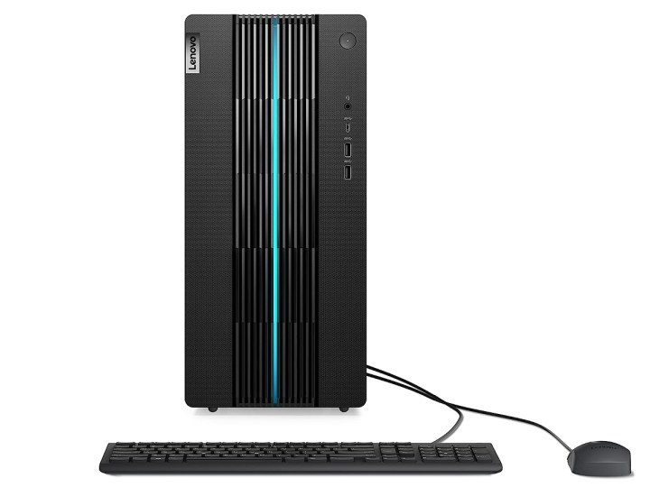 The Lenovo IdeaCentre Gaming 5i gaming desktop with a keyboard and mouse, on a white background.