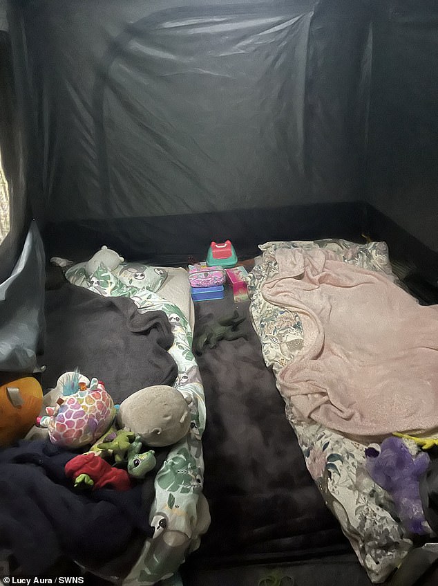 Lucy recently bought a new tent which has two bedrooms so she can have her own space. (pictured the children's bedroom)