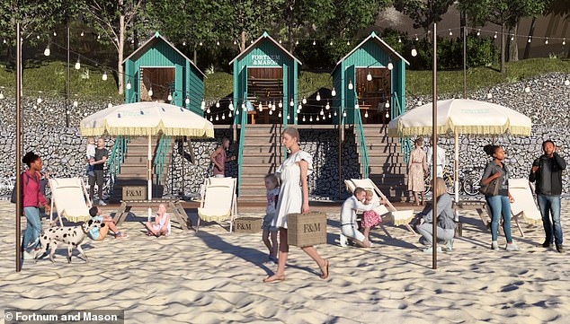 High-end grocer Fortnum & Mason opened the trio of beach huts (shown in the rendering above) last week