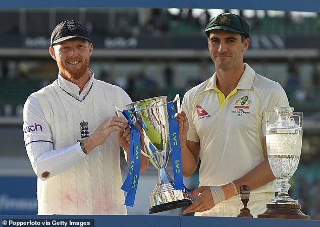 Cummins (on right) with Ben Stokes, batted and bowled the whole Fifth Test with a suspected broken left wrist