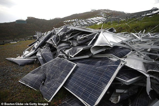 A pile of solar panels blown out of place during Hurricane Irma lay in a pile on St. Thomas in the US Virgin Islands on September 14, 2017