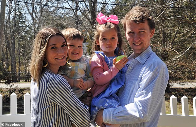 Mrs Clancy, 32, is accused of killing her daughter Cora, 5 and son Dawson, 3, at the family home in Massachusetts and attacking baby Callan, who is eight months old. Pictured L-R: Lindsay, Dawson, Corey and husband Patrick